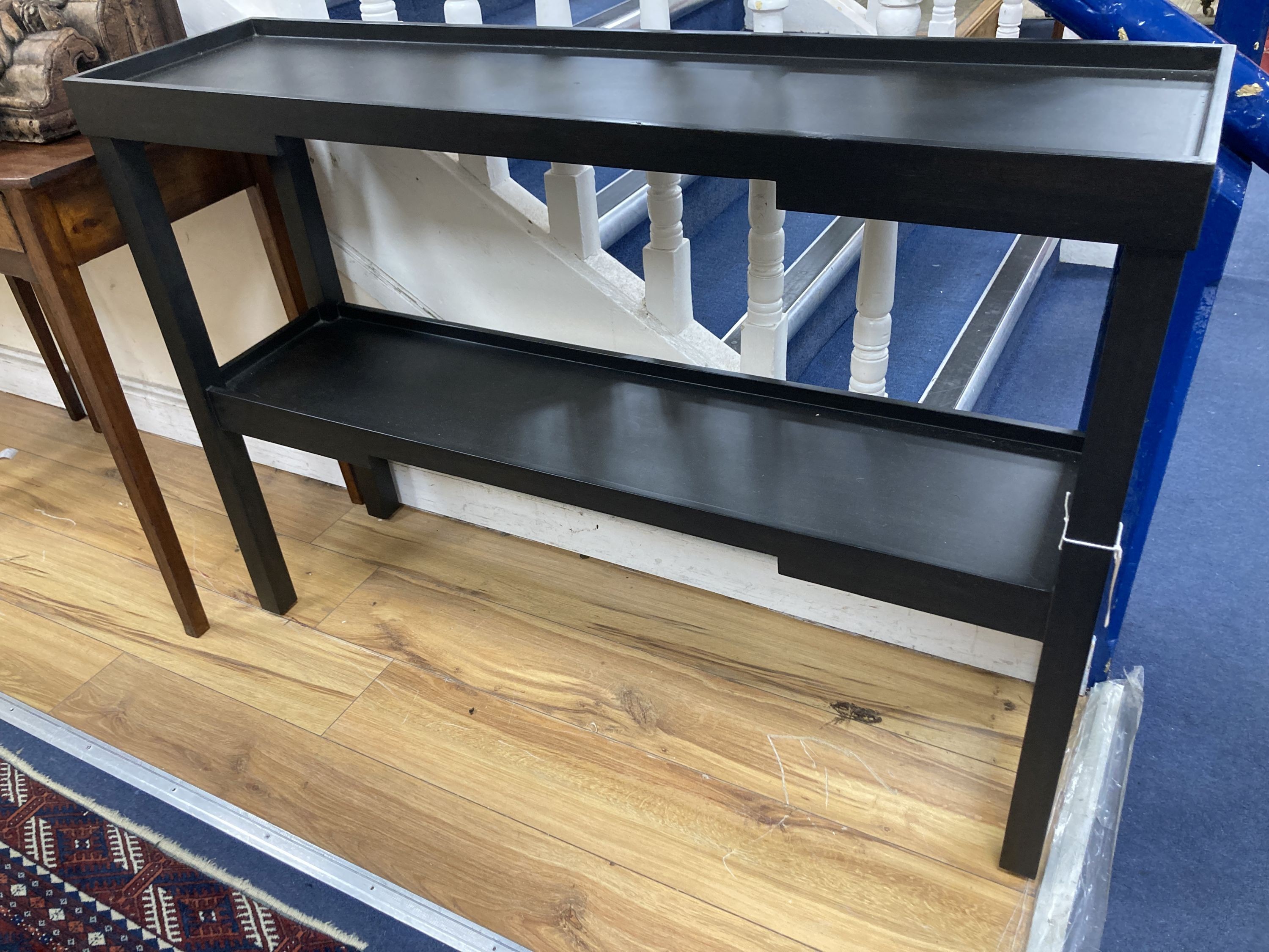 An Oka furniture Kyoto ebonised console table. W-116, D-30, H-82cm.
